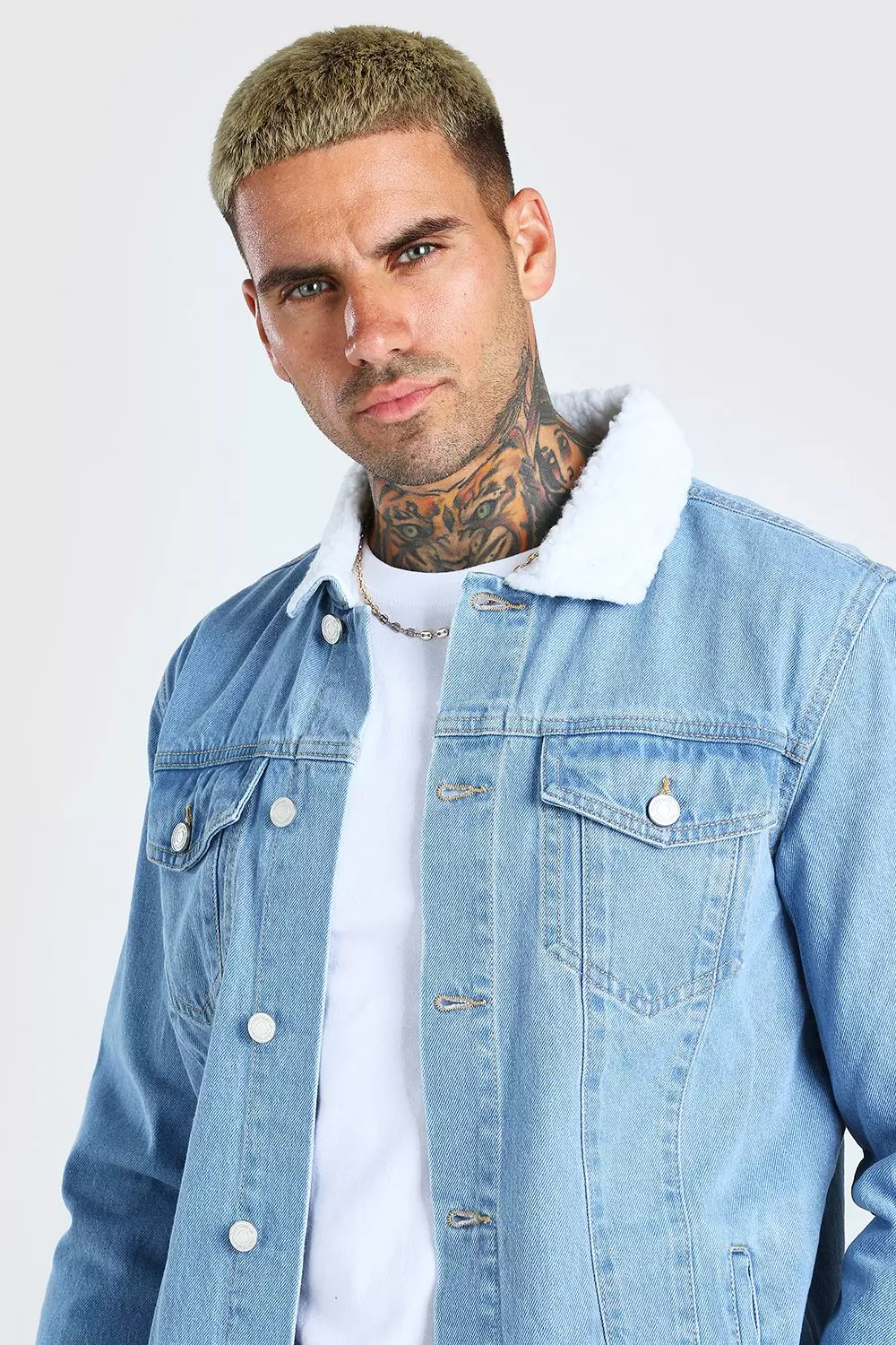 Mens denim jacket borg on sale collar